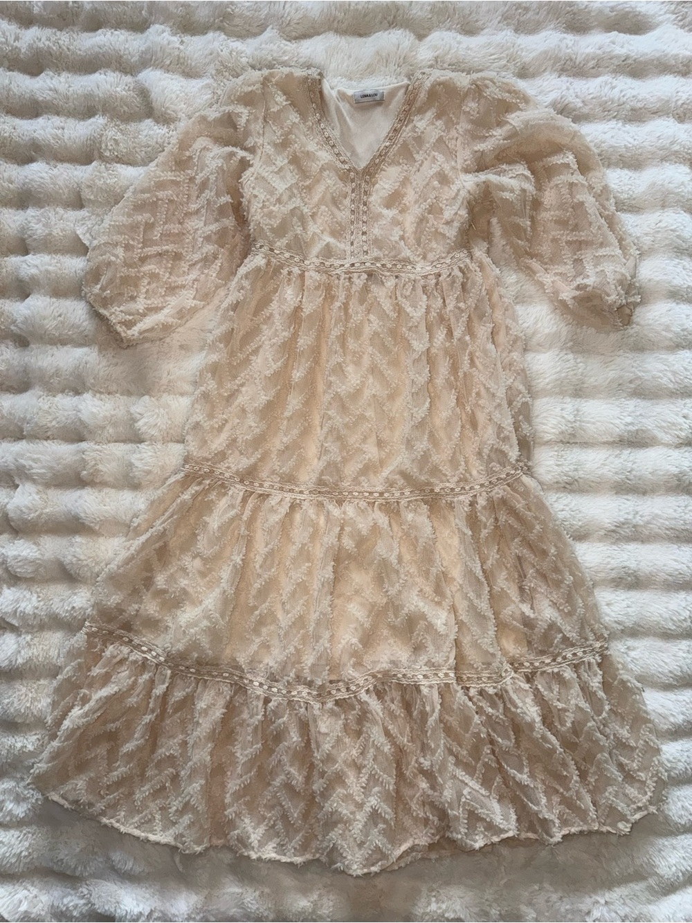 Light Beige Textured Midi Dress with V-Neck and Puff Sleeves